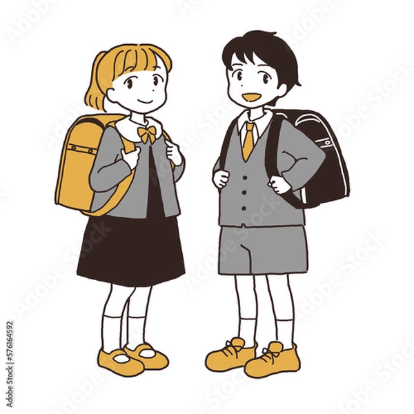 Obraz ランドセルを背負った小学生の男女の全身イラスト
