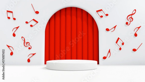 Fototapeta 3D illustration. White podium and wall, decorating with red music notes. Red curtain behide the wall with empty space at center. 