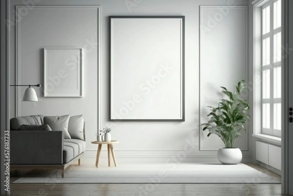Fototapeta big picture frame art in a white room, empty copy space, product display, bright frame mock up, white blank canvas, generative ai