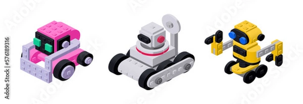 Obraz Set of cute little cartoon robots in isometry. Vector clipart