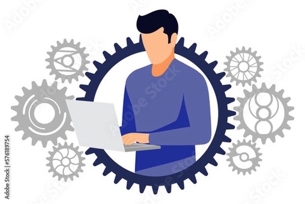 Fototapeta Freelancer male character working with pc laptop in gear avatar with gear system isolated on white background
