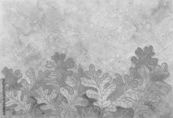 Obraz Nature banner background with oak leaves. Black and white textured oak leaves silhouettes on spotted background. Watercolor painting on textured paper.