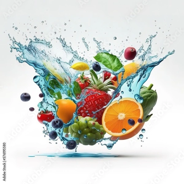 Obraz Fresh multi fruits and vegetables splashing into blue clear water splash healthy food diet freshness concept isolated white background