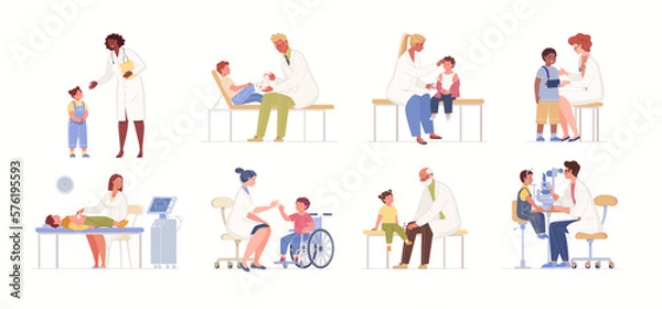 Fototapeta Set of illustrations "Children at doctor's appointment", isolated on white background. Collection of various pediatric physician advising patients. Vector characters flat cartoon.