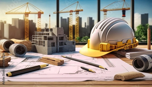 Fototapeta Building construction. Bluprints and building stuff concept. Generative AI