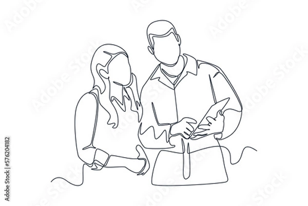 Fototapeta Single one line drawing Mechanic show the car checking list for customer. Auto service concept. Continuous line draw design graphic vector illustration.