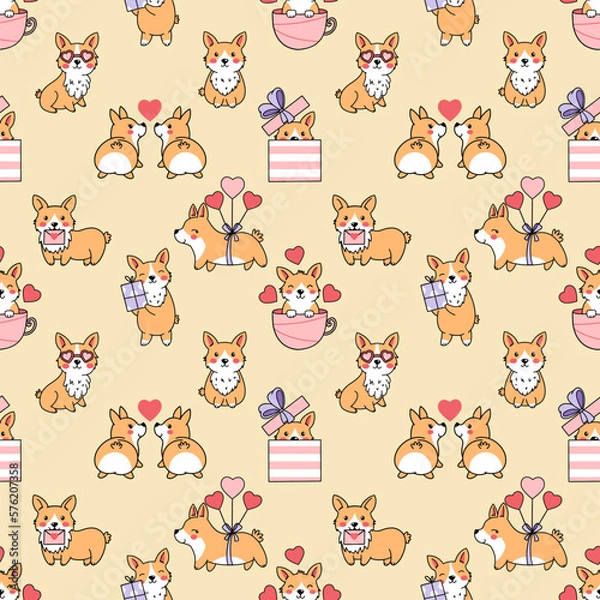 Fototapeta Cute corgi. Seamless pattern. Printing on fabric and wrapping paper. Wallpaper for nursery. Valentine's day.