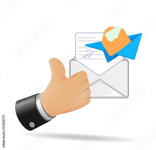 Fototapeta Cartoon hand with a thumbs up. Sending and receiving money, new notification. 3D vector illustration.