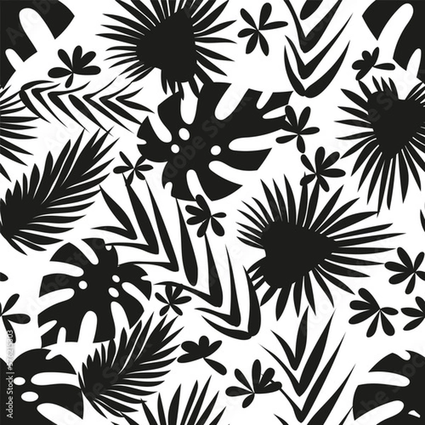 Fototapeta Seamless pattern with monochrome tropical palm leaves. Exotic foliage background.