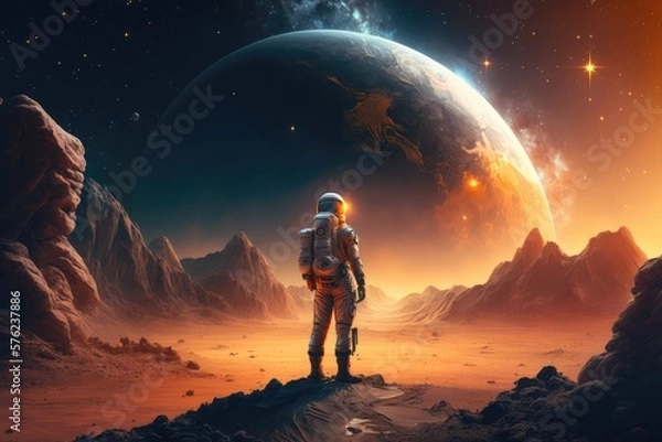 Fototapeta Astronaut and astronauts  exploring planets in outer space, made with generated ai