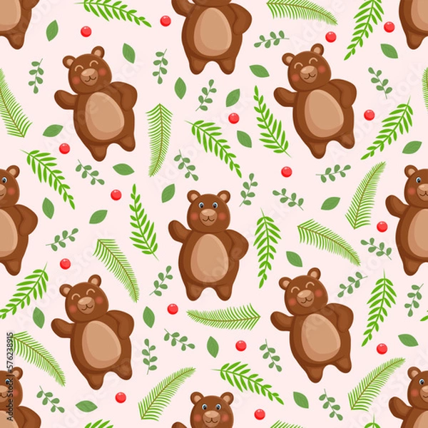 Fototapeta Seamless vector pattern with forest brown bear, leaves and berries. Vector illustration for fabric, texture, wallpaper, poster, postcard. Editable elements. Cartoon design.