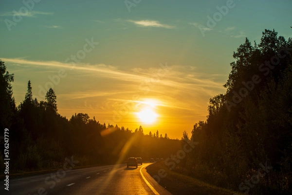 Obraz sunset on the highway on a summer evening
