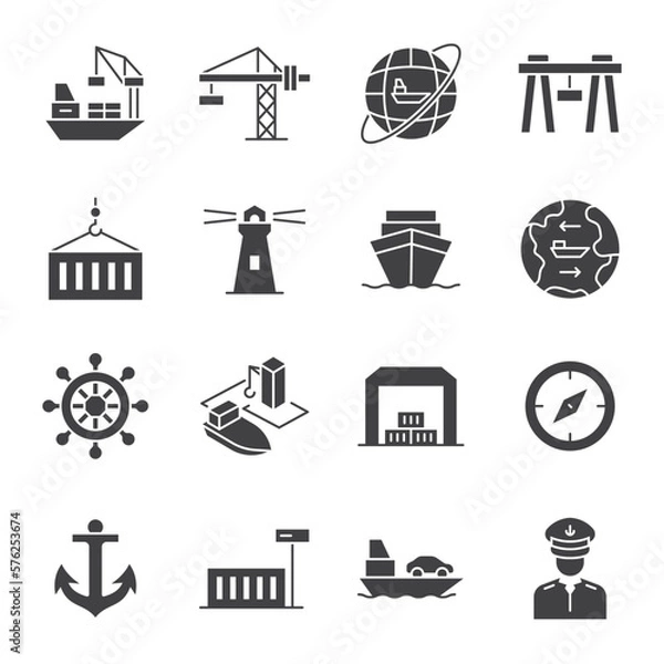 Fototapeta Seaport, icon set. Equipment for the shipping industry. Marine port and freight vessels. Logistic. Glyph style