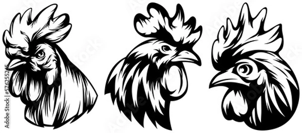 Fototapeta Head of rooster set. Cock abstract character illustration. Graphic logo designs template for emblem. Image of portrait for company use.