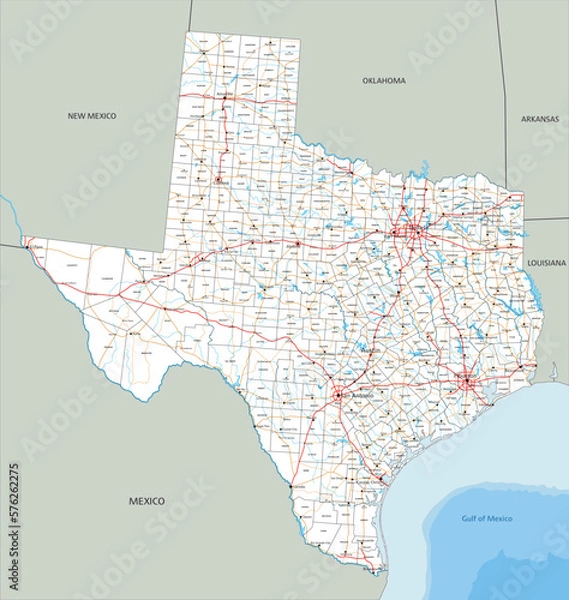 Obraz High detailed Texas road map with labeling.
