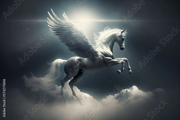 Obraz pegasus, a mythological animal, a horse with wings, gallops against the sky, generative ai