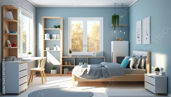 Fototapeta Interior mock up of a children's boys bedroom in a minimalistic design with a wooden bed and soft blue hues