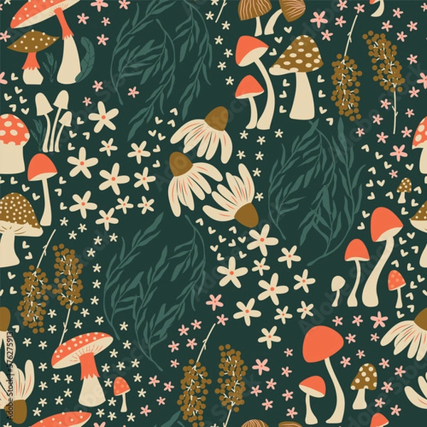 Obraz Mushroom and flower seamless pattern with beautiful florals, leaves and buds. Beautiful woodland garden in nature. Colorful vector illustration.