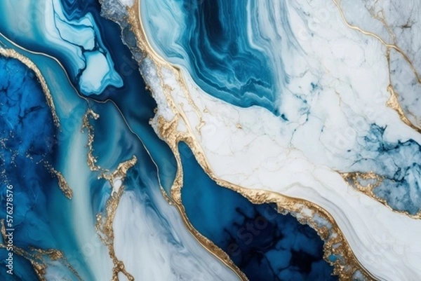 Fototapeta Luxury marble texture background white, light blue and gold. Natural stone color material pattern, AI generated