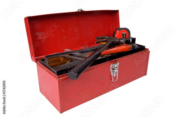 Obraz Old used and rusty tools in a red toolbox