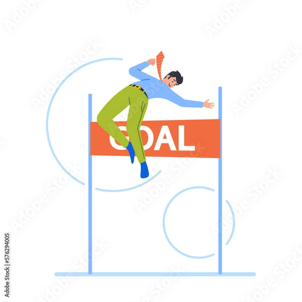 Fototapeta Business Man Character Jumping over Barrier Overcome Obstacles in Financial Challenge or Race. Businessman Boost