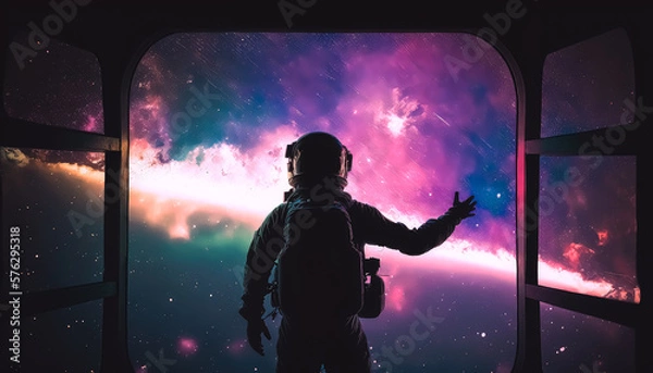 Fototapeta Generative AI illustration of a Creative art of Cosmic Explorer Astronaut in Spacesuit Standing front of a Spaceship Window and Watching Space Nebula 