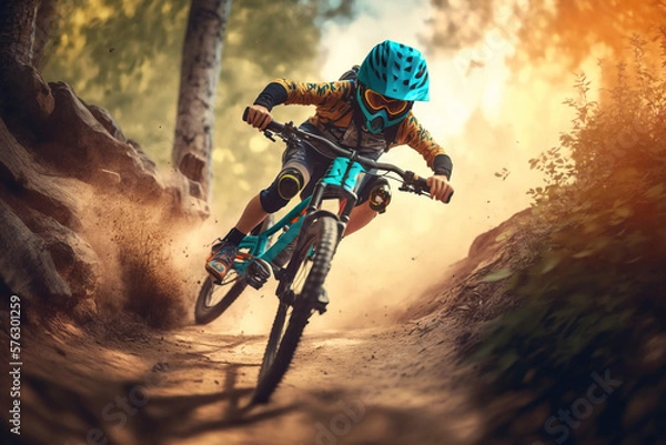Fototapeta The Thrill of kid Motocross: Child Riding a Bike with Speed and Emotion, Feel the Adrenaline and freedom of Riding a Motocross Bike ai generative