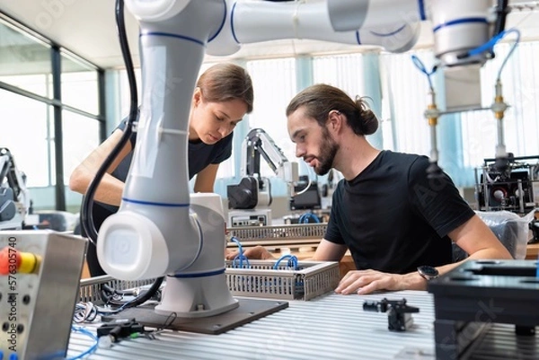 Fototapeta An engineer in research development robotic factory checking prototype of automation robot arm