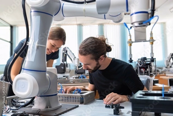 Fototapeta An engineer in research development robotic factory checking prototype of automation robot arm
