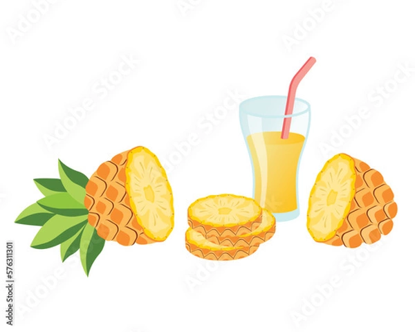 Obraz Sliced ​​pineapple fruit and a glass of pineapple juice with straw. Vector illustration cartoon flat icon isolated on white background.