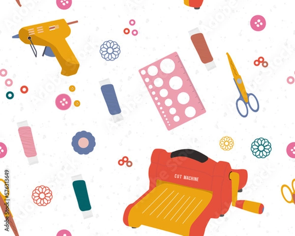 Fototapeta A seamless pattern with tools for handmade sewing and scrapbooking