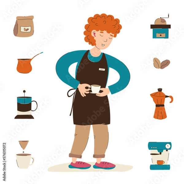 Fototapeta Barista boy with a cup of coffee. A set of vector illustrations of a coffee shop.