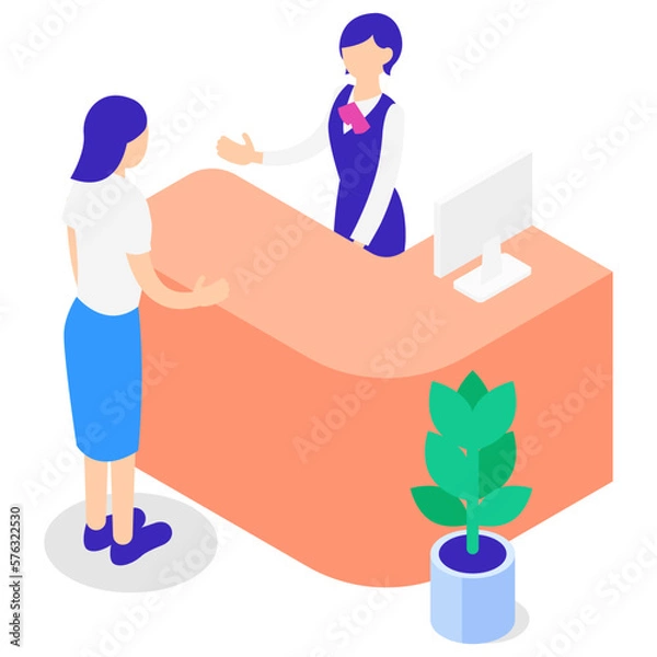 Fototapeta 受付カウンターと女性客のアイソメトリックイラスト