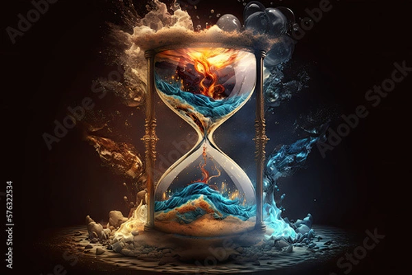 Fototapeta beautiful hourglass of the elements, fire, water, earth, air, copy space, Generative AI