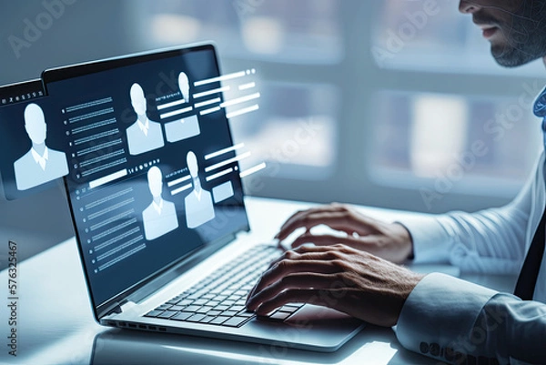 Obraz Human Resource management, HR profile, employee, detail, organizational chart, org chart, businessman typing on laptop with profile and text, working, professional business team meeting, collaboration