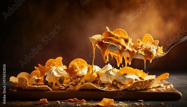 Obraz Spooning melted cheese over crispy nachos. AI generative.