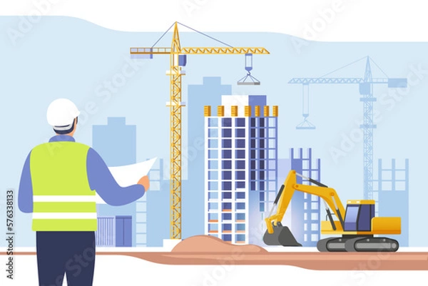 Fototapeta Construction site. Building work process with houses and construction machines. Engineer with construction project. Vector illustration for mobile and web graphics.