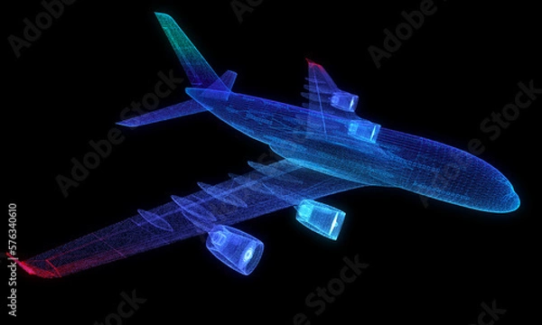 Fototapeta Airplane flying travel low poly. Blue business airliner tourism wireframe mesh and dots. dark structure background. 3d illustration.