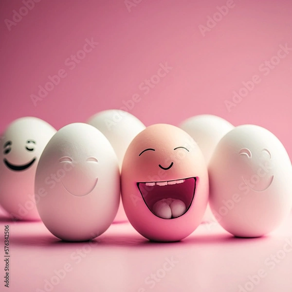Obraz White Easter eggs with a happy face, smile and eyes, on a pink background. Generative AI, generative artificial intelligence