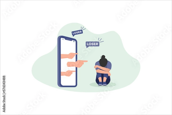 Fototapeta Cyber Bullying. Sad teenage girl sitting in front of phone with dislike in social media, mockery. Depressed young woman after insult, swear, verbal abuse in internet. Depression, stress concept