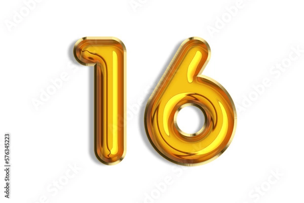 Obraz 16 years old. Gold balloons, 16th anniversary number, happy birthday congratulations. Illustration of golden realistic 3d symbols. Banner, icons isolated on white background.