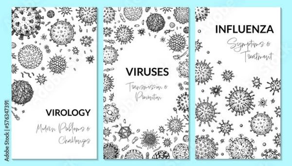 Fototapeta Virus vertical background in sketch style. Hand drawn bacteria, germ, microorganism. Microbiology scientific design. Vector illustration in sketch style