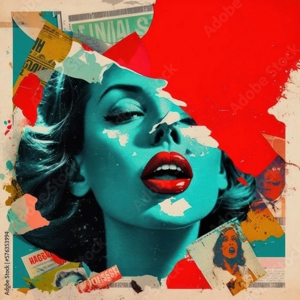 Fototapeta Abstract creative retro but contemporary pop art collage concept of female lips, red elegant lipstick. Colorful vivid vintage background. Generative AI.