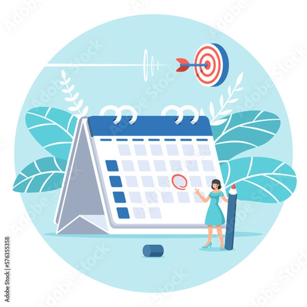 Fototapeta Miniature beautiful girl hold pen marks the date, holiday, priority, important, event, reminder day on calendar concept. Vector illustration flat design for banner and poster.