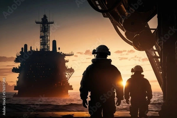 Fototapeta Offshore workers at work at an oilrig, made with generative ai