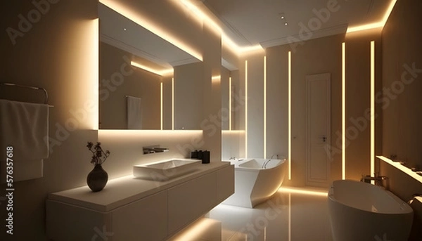 Fototapeta Modern and confortable bathroom illuminated by led strips, 3d render, Generative AI