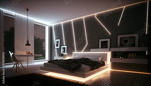 Fototapeta Modern and confortable bedroom illuminated by led strips, 3d render, Generative AI