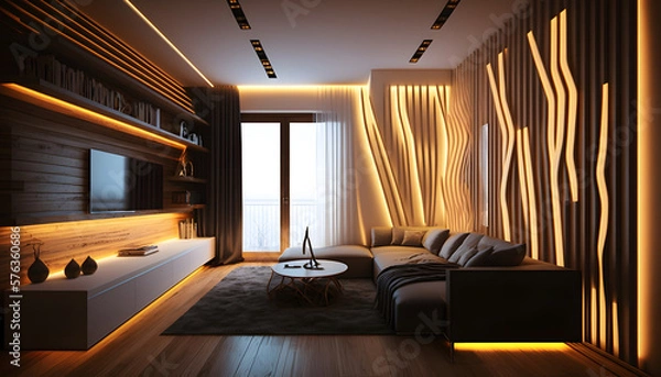 Fototapeta Modern and confortable wood living room illuminated by led strips, 3d render, Generative AI