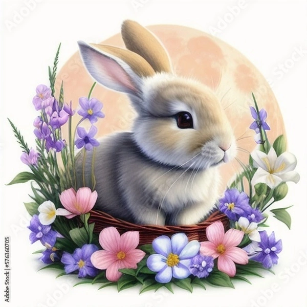 Fototapeta a painting of a rabbit surrounded by flowers, an airbrush painting, ai generated