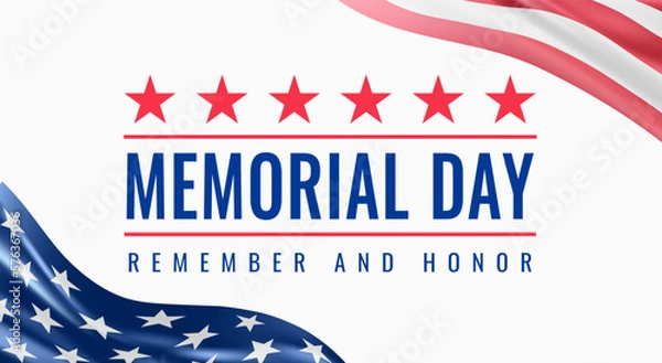 Obraz Memorial Day - Remember and Honor Poster. Usa memorial day celebration. American national holiday. Invitation template with red stars, blue text, waving us flags on white background. Vector poster